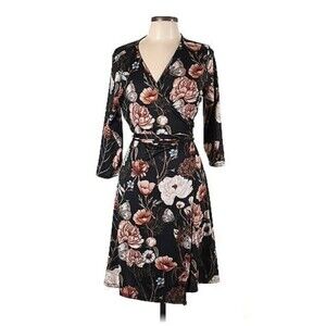 Floral Midi Wrap Dress Sz XL Dark Romantic Boho Butterfly Tie Waist Fit & Flare